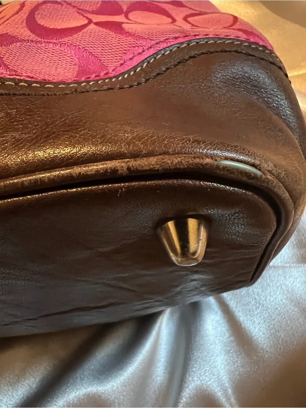 Coach Pink Signature Canvas Tote with Dark Brown Leather Accents